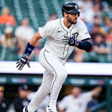 Detroit Tigers right fielder Matt Vierling (8) runs after battiny a single against Colorado Rockies during the first inning at Comerica Park in Detroit on Wednesday, September 11, 2024.