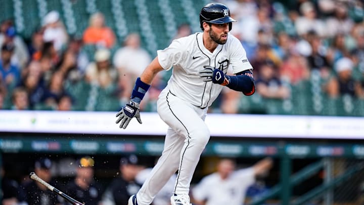 Detroit Tigers right fielder Matt Vierling (8) runs after battiny a single against Colorado Rockies during the first inning at Comerica Park in Detroit on Wednesday, September 11, 2024.