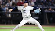 May 6, 2025; Tampa, Florida, USA; Tampa Bay Rays pitcher Eric Orze (17) throws a pitch against the Philadelphia Phillies in the eighth inning at George M. Steinbrenner Field.