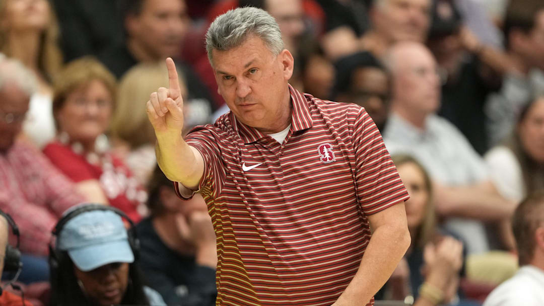 Feb 28, 2026; Stanford, California, USA; Stanford Cardinal head coach Kyle Smith gestures during the first half against the Southern Methodist University Mustangs at Maples Pavilion. Mandatory Credit: Darren Yamashita-Imagn Images