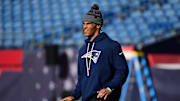 Oct 26, 2025; Foxborough, Massachusetts, USA; New England Patriots cornerback Christian Gonzalez (0) during warm up prior to the game against the Cleveland Browns at Gillette Stadium. Mandatory Credit: Bob DeChiara-Imagn Images