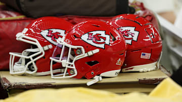 Feb 9, 2025; New Orleans, LA, USA; A detail view of Kansas City Chiefs helmets before Super Bowl LIX between the Philadelphia Eagles and the Kansas City Chiefs at Caesars Superdome. Mandatory Credit: Geoff Burke-Imagn Images