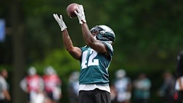 Jun 10, 2025; Philadelphia, PA, USA; Philadelphia Eagles wide receiver Giles Jackson (42) makes a reception during a practice drill at NovaCare Complex. Mandatory Credit: Kyle Ross-Imagn Images