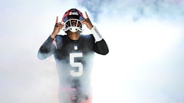 Nov 21, 2024; Cleveland, Ohio, USA; Cleveland Browns quarterback Jameis Winston (5) is introduced before the game between the Browns and the Pittsburgh Steelers at Huntington Bank Field. Mandatory Credit: Ken Blaze-Imagn Images