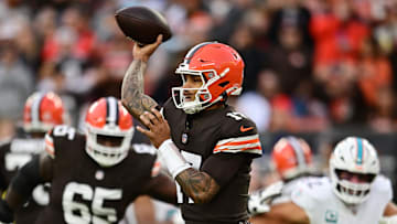 Dec 29, 2024; Cleveland, Ohio, USA; Cleveland Browns quarterback Dorian Thompson-Robinson (17) throws a pass during the first half against the Miami Dolphins at Huntington Bank Field.