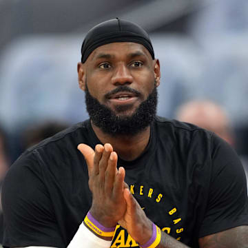 Dec 25, 2024; San Francisco, California, USA; Los Angeles Lakers forward LeBron James (23) before the game against the Golden State Warriors at Chase Center. Mandatory Credit: Darren Yamashita-Imagn Images