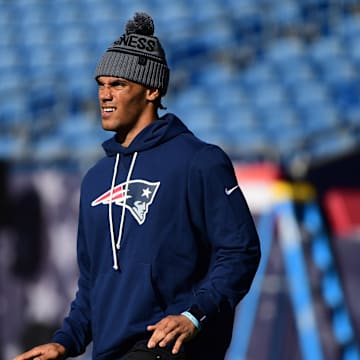 Oct 26, 2025; Foxborough, Massachusetts, USA; New England Patriots cornerback Christian Gonzalez (0) during warm up prior to the game against the Cleveland Browns at Gillette Stadium. Mandatory Credit: Bob DeChiara-Imagn Images