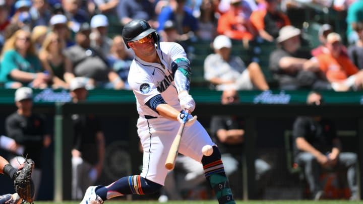 Seattle Mariners first baseman Ty France (23) hits a single against the Baltimore Orioles during the fifth inning at T-Mobile Park on July 4.