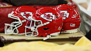 Feb 9, 2025; New Orleans, LA, USA; A detail view of Kansas City Chiefs helmets before Super Bowl LIX between the Philadelphia Eagles and the Kansas City Chiefs at Caesars Superdome. Mandatory Credit: Geoff Burke-Imagn Images