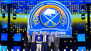 Jun 28, 2024; Las Vegas, Nevada, USA; Konsta Helenius is selected by the Buffalo Sabres with the 14th overall pick in the first round of the 2024 NHL Draft at The Sphere. Mandatory Credit: Stephen R. Sylvanie-Imagn Images