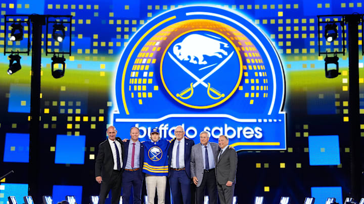 Jun 28, 2024; Las Vegas, Nevada, USA; Konsta Helenius is selected by the Buffalo Sabres with the 14th overall pick in the first round of the 2024 NHL Draft at The Sphere. Mandatory Credit: Stephen R. Sylvanie-Imagn Images