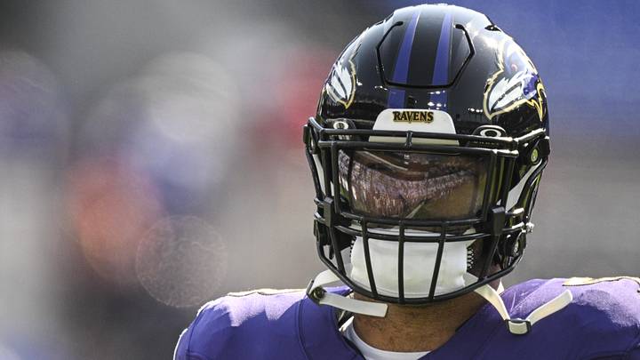 Oct 13, 2024; Baltimore, Maryland, USA; Spectzatord reflect off Baltimore Ravens linebacker Kyle Van Noy (53) mask before the game against the Washington Commanders  at M&T Bank Stadium. Mandatory Credit: Tommy Gilligan-Imagn Images