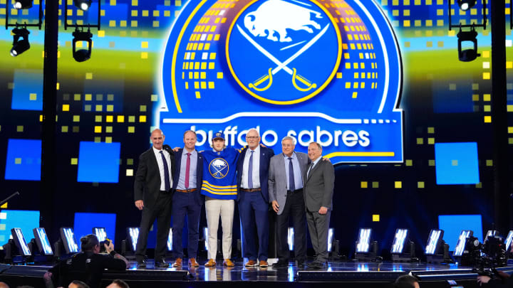 Jun 28, 2024; Las Vegas, Nevada, USA; Konsta Helenius is selected by the Buffalo Sabres with the 14th overall pick in the first round of the 2024 NHL Draft at The Sphere. Mandatory Credit: Stephen R. Sylvanie-USA TODAY Sports