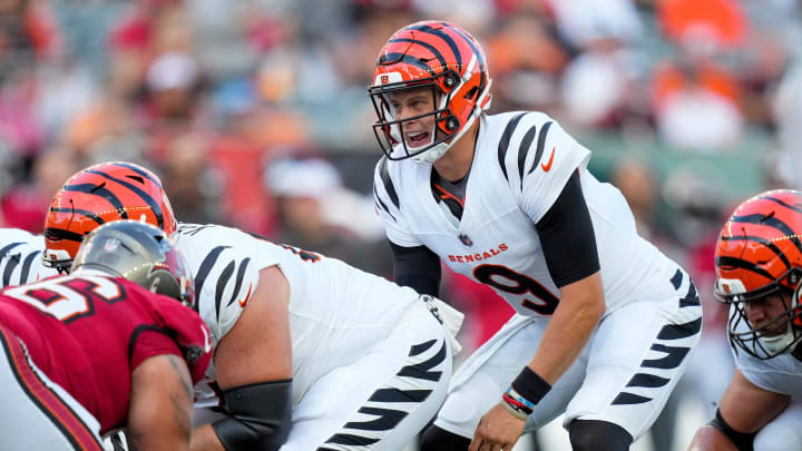 Cincinnati Bengals quarterback Joe Burrow (9) calls out in the first quarter of the NFL Preseason Week 1 game between the Cincinnati Bengals and the Tampa Bay Buccaneers at Paycor Stadium in downtown Cincinnati on Saturday, Aug. 10, 2024.