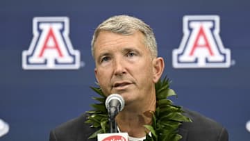 Jul 10, 2024; Las Vegas, NV, USA; Arizona Wildcats head coach Brent Brennan speaks to the media during the Big 12 Media Days at Allegiant Stadium. Mandatory Credit: Candice Ward-Imagn Images