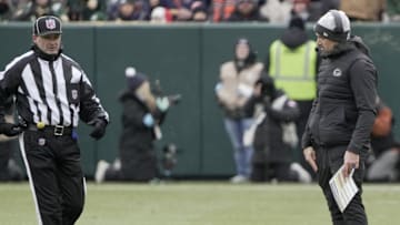 Jan 5, 2025; Green Bay, Wisconsin, USA; Green Bay Packers head coach Matt LaFleur successfully challenges a call during the first quarter of their game Sunday, January 5, 2025 at Lambeau Field in Green Bay, Wisconsin. The Chicago Bears beat the Green Bay Packers 24-22. Mandatory Credit: Mark Hoffman/USA TODAY NETWORK-Wisconsin