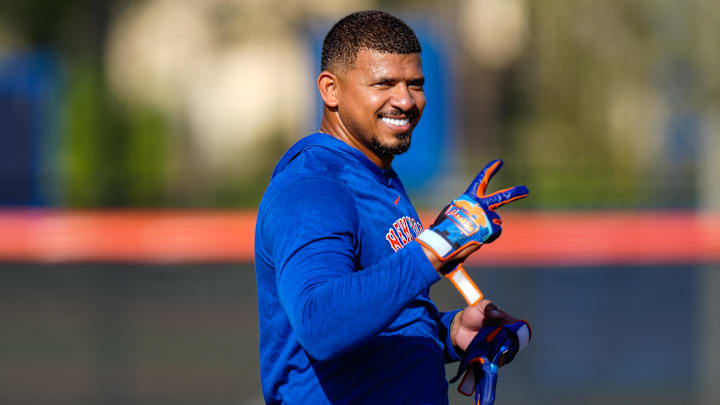 Feb 19, 2023; Port St. Lucie, FL, USA; New York Mets third baseman Eduardo Escobar (10) gestures