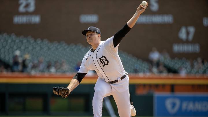 Jul 24, 2023; Detroit, Michigan, USA; Detroit Tigers starting pitcher Tarik Skubal (29) throws in the first inning against the San Francisco Giants at Comerica Park. Mandatory Credit: David Reginek-Imagn Images