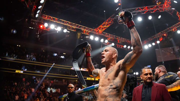 Apr 13, 2024; Las Vegas, Nevada, USA; Alex Pereira celebrates after defeating Jamahal Hill (not pictured) during UFC 300 at T-Mobile Arena. Mandatory Credit: Mark J. Rebilas-USA TODAY Sports