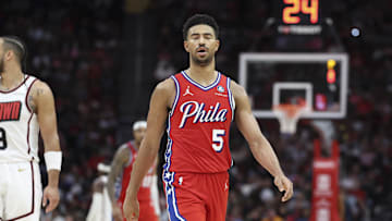 Mar 17, 2025; Houston, Texas, USA; Philadelphia 76ers guard Quentin Grimes (5) reacts after a play during the fourth quarter against the Houston Rockets at Toyota Center. Mandatory Credit: Troy Taormina-Imagn Images