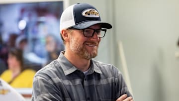 NASCAR Cup Series team owner Dale Earnhardt Jr during practice for the Daytona 500 at Daytona International Speedway. 