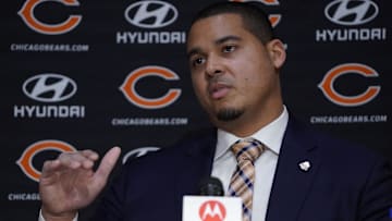 Chicago Bears General new Manager Ryan Poles speaks during a press conference.