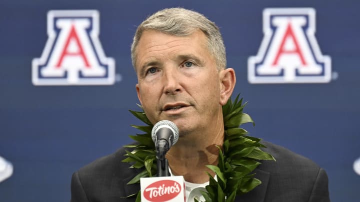 Jul 10, 2024; Las Vegas, NV, USA; Arizona Wildcats head coach Brent Brennan speaks to the media during the Big 12 Media Days at Allegiant Stadium. Mandatory Credit: Candice Ward-USA TODAY Sports