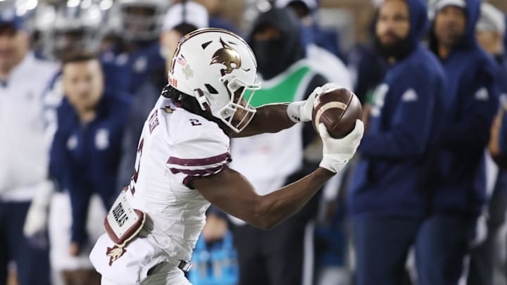 Dec 26, 2023; Dallas, TX, USA; Texas State Bobcats wide receiver Kole Wilson (2) catches a pass in the first half against the Rice Owls at Gerald J Ford Stadium. Mandatory Credit: Tim Heitman-Imagn Images