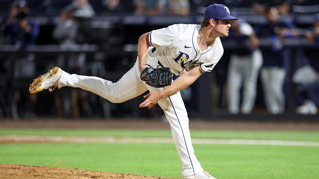 Apr 1, 2025; St. Petersburg, Florida, USA; Tampa Bay Rays pitcher Mason Montgomery (48) throws a pitch against the Pittsburgh Pirates in the ninth inning at George M. Steinbrenner Field. Apr 1, 2025; St. Petersburg, Florida, USA; Tampa Bay Rays pitcher Mason Montgomery (48) throws a pitch against the Pittsburgh Pirates in the ninth inning at George M. Steinbrenner Field.
