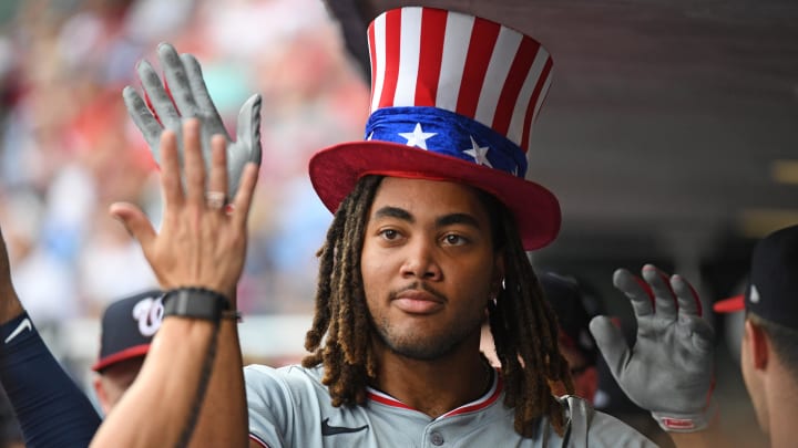 Aug 18, 2024; Philadelphia, Pennsylvania, USA; Washington Nationals outfielder James Wood (29) celebrates his home run in the dugout during the ninth inning against the Philadelphia Phillies at Citizens Bank Park