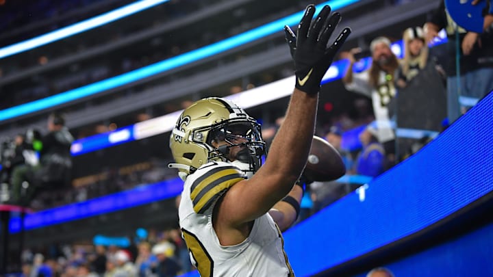Dec 21, 2023; Inglewood, California, USA; New Orleans Saints wide receiver Chris Olave (12) celebrates after scoring on two point conversion against the Los Angeles Rams during the second half at SoFi Stadium. Mandatory Credit: Gary A. Vasquez-Imagn Images Dec 21, 2023; Inglewood, California, USA; New Orleans Saints wide receiver Chris Olave (12) celebrates after scoring on two point conversion against the Los Angeles Rams during the second half at SoFi Stadium. Mandatory Credit: Gary A. Vasquez-Imagn Images