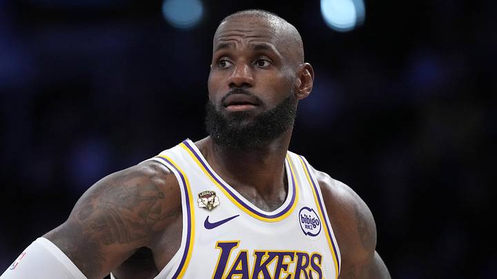 Los Angeles Lakers forward LeBron James (23) reacts  (Mandatory Credit: Kirby Lee-Imagn Images)
