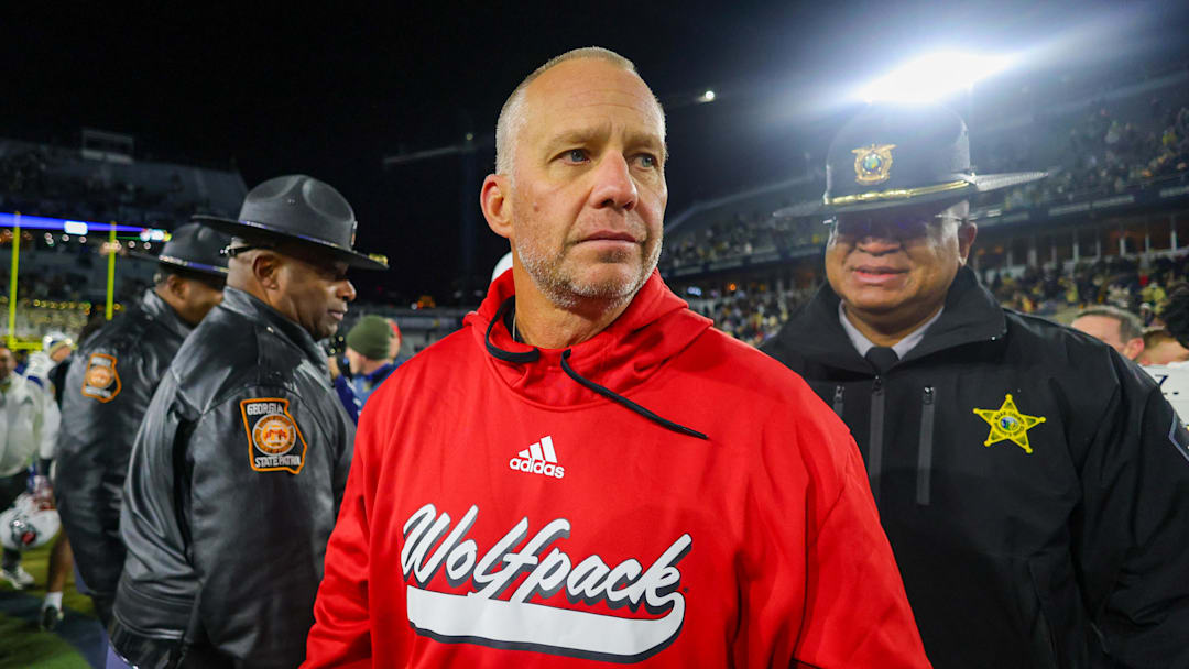 Nov 21, 2024; Atlanta, Georgia, USA; North Carolina State Wolfpack head coach Dave Doeren after a game against the Georgia Tech Yellow Jackets at Bobby Dodd Stadium at Hyundai Field. Mandatory Credit: Brett Davis-Imagn Images