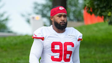 Jul 22, 2025; St. Joseph, MO, USA; Kansas City Chiefs defensive tackle Fabien Lovett Sr. (96) walks down the hill to the practice fields during training camp at Missouri Western State University. Mandatory Credit: Denny Medley-Imagn Images