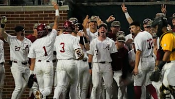 Apr 25, 2025; Tuscaloosa, AL, USA; Alabama players greet Kade Snell after he hit a two-run homer against Missouri at Sewell-Thomas Stadium Friday night.