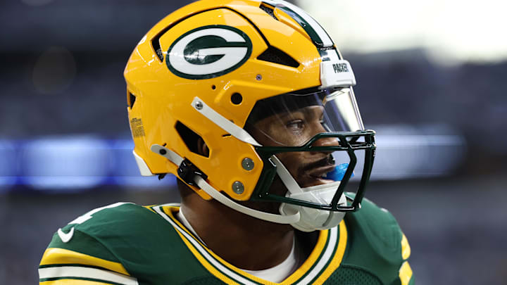 Sep 28, 2025; Arlington, Texas, USA; Green Bay Packers defensive end Micah Parsons (1) warms up before the game against the Dallas Cowboys at AT&T Stadium. Mandatory Credit: Kevin Jairaj-Imagn Images
