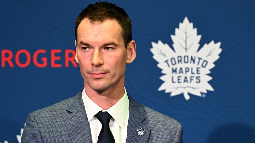 May 4, 2026; Toronto, Ontario, CANADA; Toronto Maple Leafs general manager John Chayka speaks to the media  at Real Sports Bar. Mandatory Credit: Dan Hamilton-Imagn Images