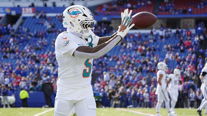 Nov 3, 2024; Orchard Park, New York, USA; Miami Dolphins cornerback Jalen Ramsey (5) warms up prior to the game against the Buffalo Bills at Highmark Stadium. Mandatory Credit: Gregory Fisher-Imagn Images