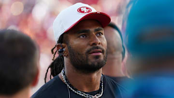 Aug 9, 2025; Santa Clara, California, USA;  San Francisco 49ers linebacker Fred Warner (54) watches from the sideline in the first quarter against the Denver Broncos at Levi's Stadium. Mandatory Credit: David Gonzales-Imagn Images
