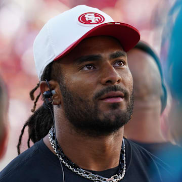 Aug 9, 2025; Santa Clara, California, USA;  San Francisco 49ers linebacker Fred Warner (54) watches from the sideline in the first quarter against the Denver Broncos at Levi's Stadium. Mandatory Credit: David Gonzales-Imagn Images
