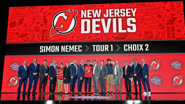 Simon Nemec after being selected as the number two overall pick to the New Jersey Devils in the first round of the 2022 NHL Draft at Bell Centre. Mandatory Credit: Eric Bolte-Imagn Images
