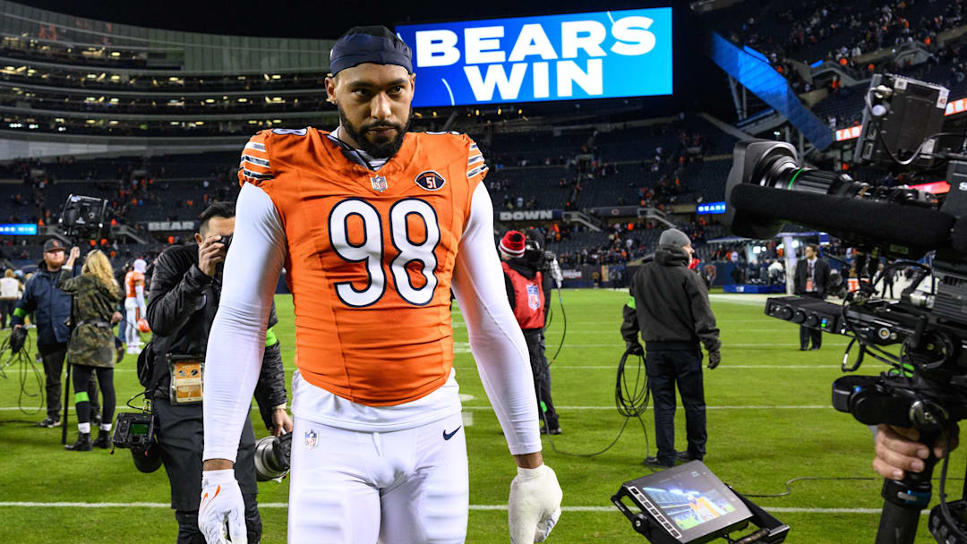 Nov 9, 2023; Chicago, Illinois, USA; Chicago Bears defensive end Montez Sweat (98) walks off the field after a game against the Carolina Panthers at Soldier Field. Mandatory Credit: Daniel Bartel-Imagn Images
