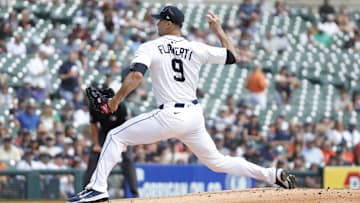 Aug 24, 2025; Detroit, Michigan, USA; Detroit Tigers pitcher Jack Flaherty (9) throws during the first inning against the Kansas City Royals at Comerica Park. 