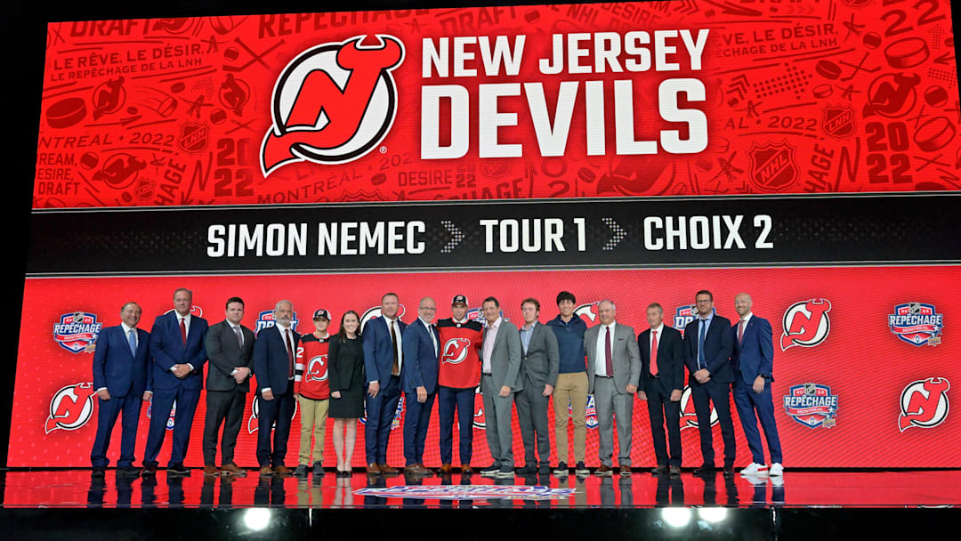 Simon Nemec after being selected as the number two overall pick to the New Jersey Devils: Eric Bolte-Imagn Images