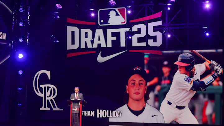 Jul 13, 2025; Atlanta, GA, USA; Ethan Holliday is drafted by the Colorado Rockies with the fourth pick during the first round of the MLB Draft at The Coca-Cola Roxy. 