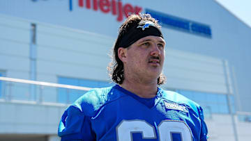 Detroit Lions offensive lineman Tate Ratledge (69) speaks after practice during rookie mini camp at Meijer Performance Center in Allen Park on Friday, May 9, 2025.