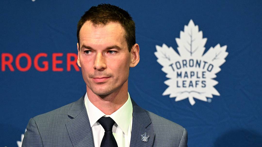May 4, 2026; Toronto, Ontario, CANADA; Toronto Maple Leafs general manager John Chayka speaks to the media  at Real Sports Bar. Mandatory Credit: Dan Hamilton-Imagn Images