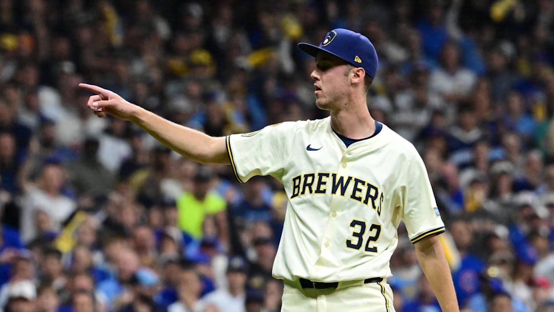 Oct 11, 2025; Milwaukee, Wisconsin, USA; Milwaukee Brewers pitcher Jacob Misiorowski (32) reacts against the Chicago Cubs in the second inning during game five of the NLDS round for the 2025 MLB playoffs at American Family Field. Mandatory Credit: Benny Sieu-Imagn Images Oct 11, 2025; Milwaukee, Wisconsin, USA; Milwaukee Brewers pitcher Jacob Misiorowski (32) reacts against the Chicago Cubs in the second inning during game five of the NLDS round for the 2025 MLB playoffs at American Family Field. Mandatory Credit: Benny Sieu-Imagn Images