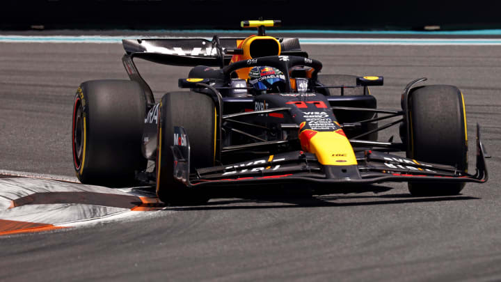 May 4, 2024; Miami Gardens, Florida, USA; Red Bull Racing driver Sergio Perez (11) during the F1 Sprint Race at Miami International Autodrome. Mandatory Credit: Peter Casey-USA TODAY Sports