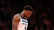 Nov 21, 2025; Phoenix, Arizona, USA; Minnesota Timberwolves guard Anthony Edwards (5) reacts against the Phoenix Suns during an NBA Cup game at Mortgage Matchup Center. Mandatory Credit: Mark J. Rebilas-Imagn Images